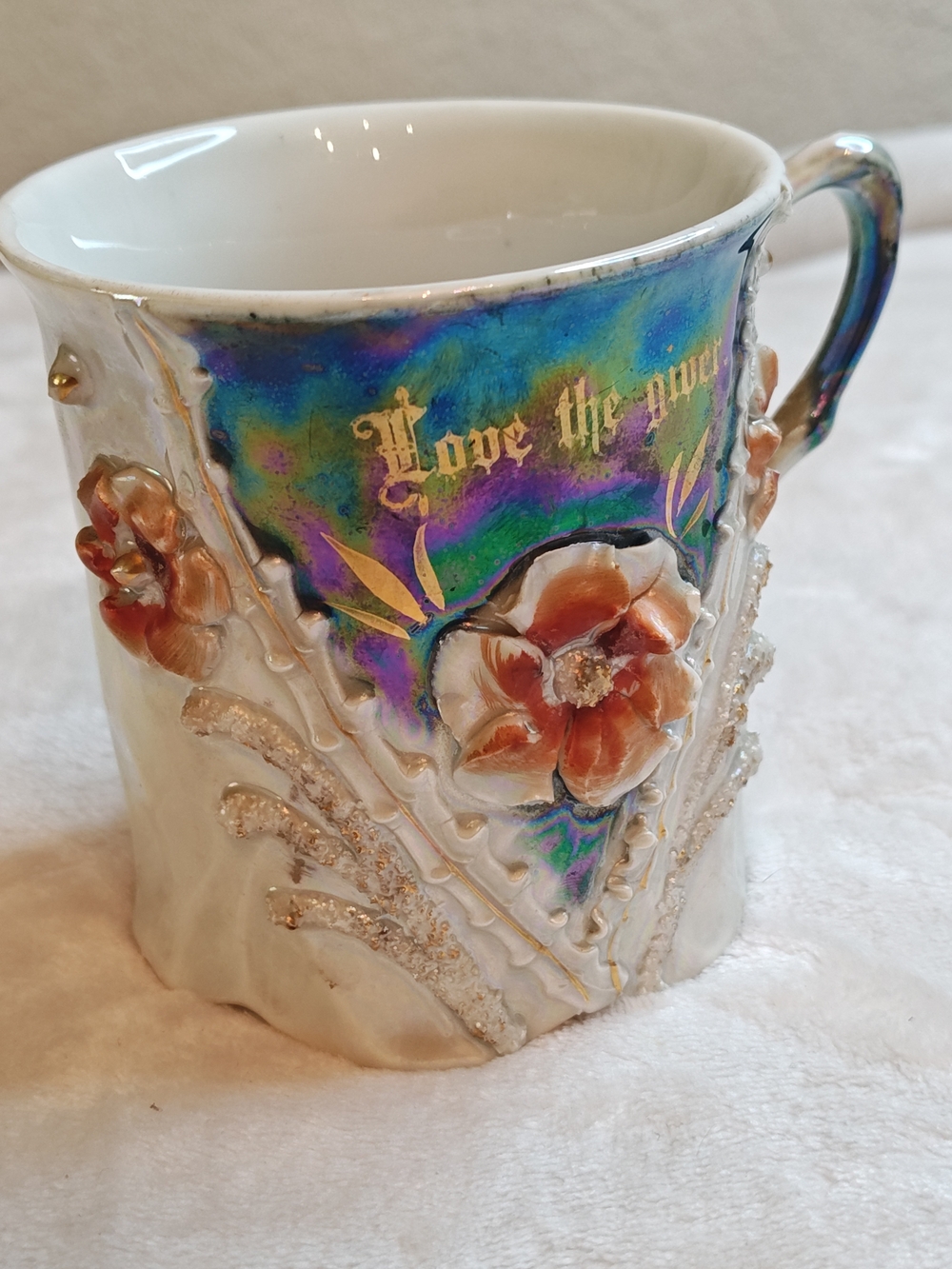 Rare Antique German "Love the giver" Cup- Ombre Blue, Gilded and Embossed